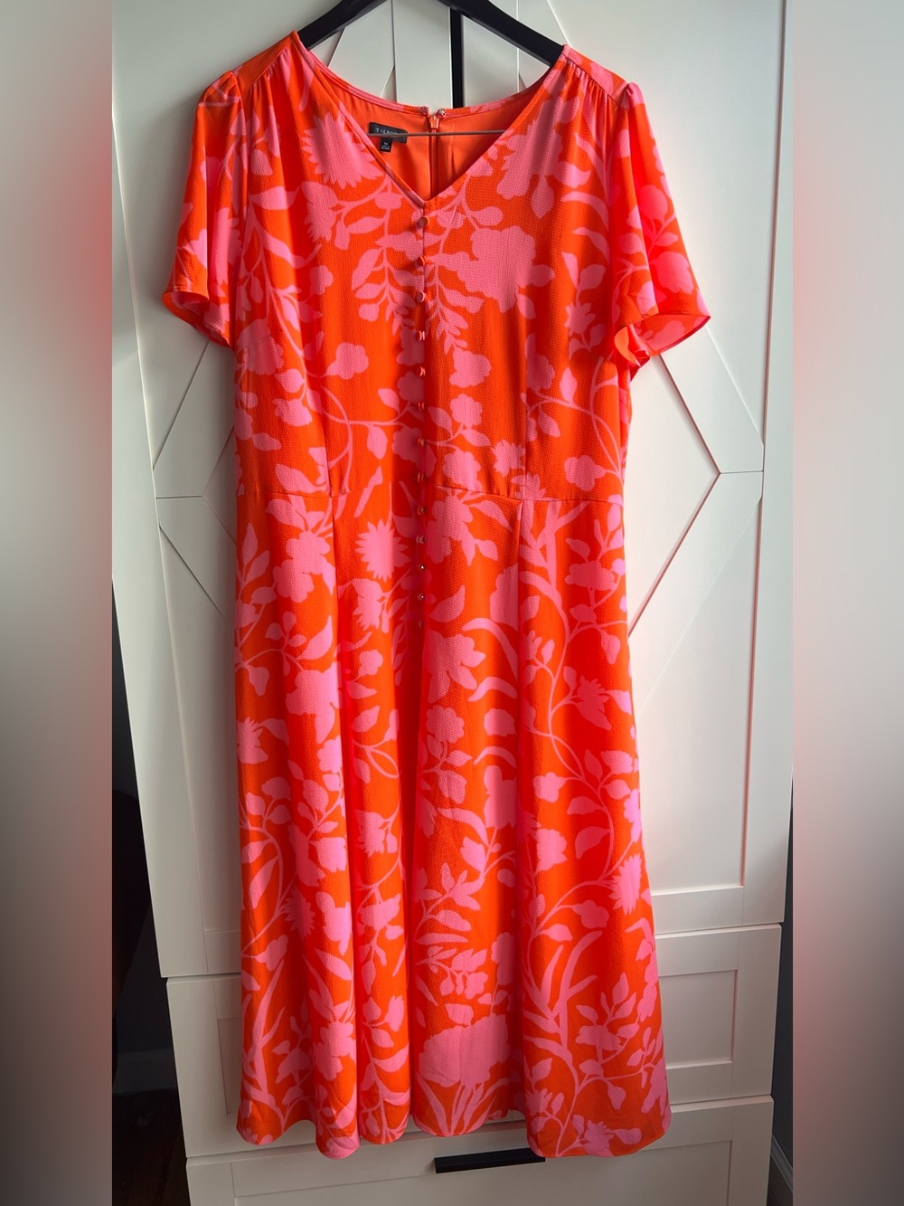 Talbots Orange & Pink Floral Crepe Button-Front Midi Dress, Size 16